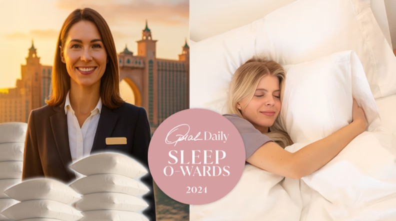 Hotel manager with pillows and woman sleeping, Oprah Daily Sleep O-Wards badge