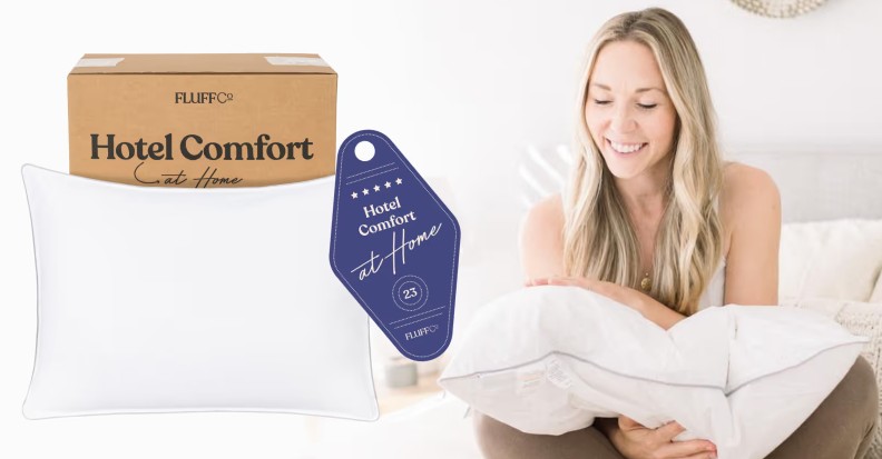 FluffCo pillow with hotel comfort tag
